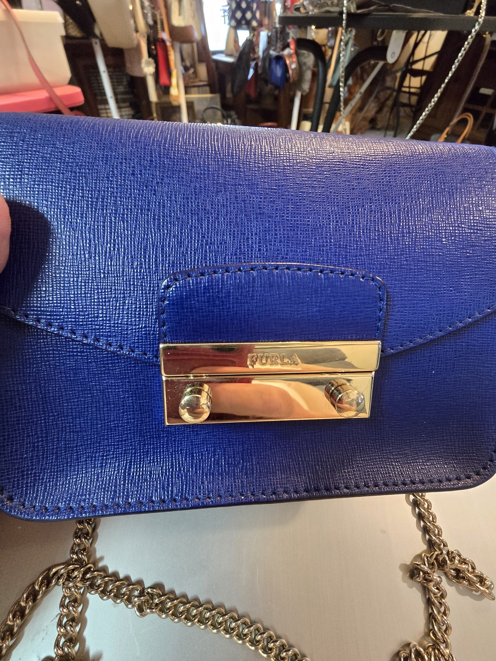 Furla Rare Royal Blue Crossbody Bag w/ Gold Hardware & Chain Gray Suede Interior